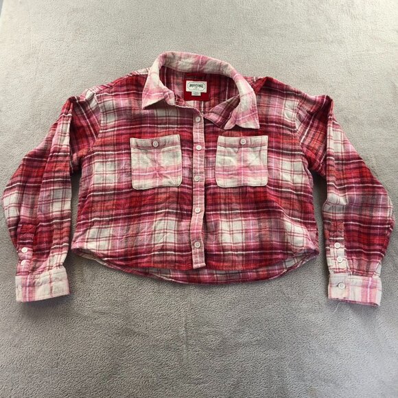 Vintage American Eagle Women's Cropped Shirt Medium Pink Plaid Long Sleeve Crop - Picture 9 of 10